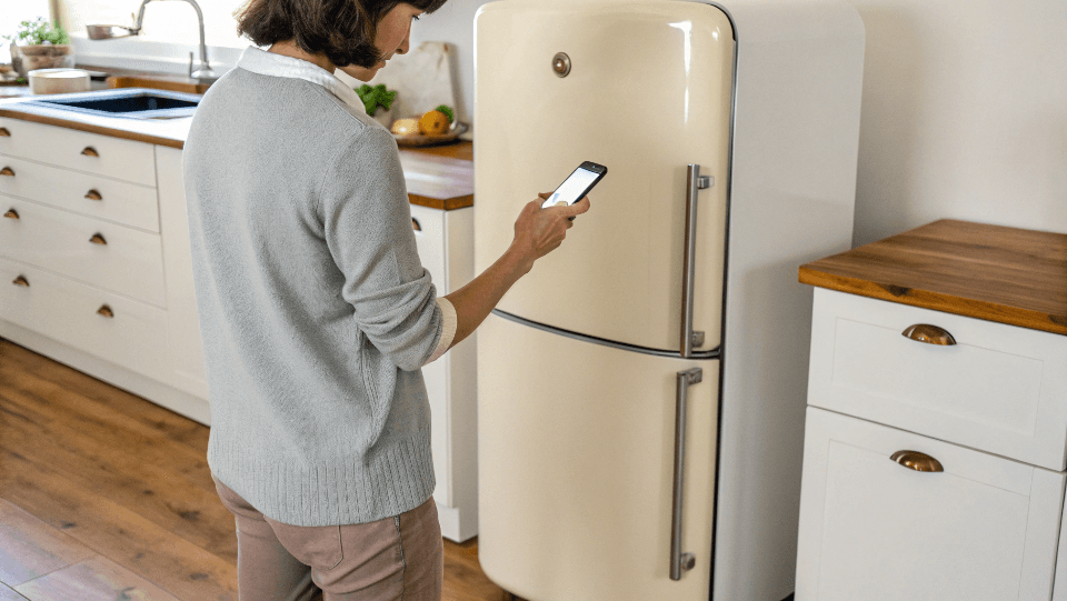 A person checking their retro fridge's temperature on a smartphone