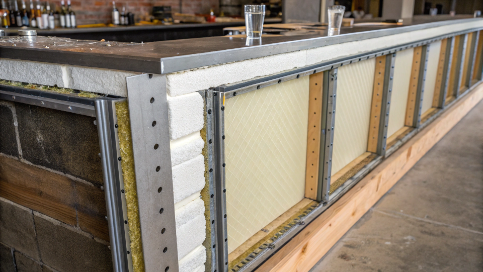 A cutaway view of a bar cooler wall, showing the layers of steel, high-density foam insulation, and the interior wall.