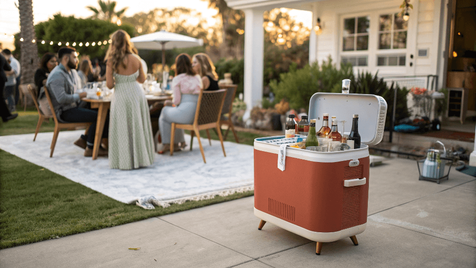 A retro-style portable beverage cooler fitting in perfectly with backyard party decor