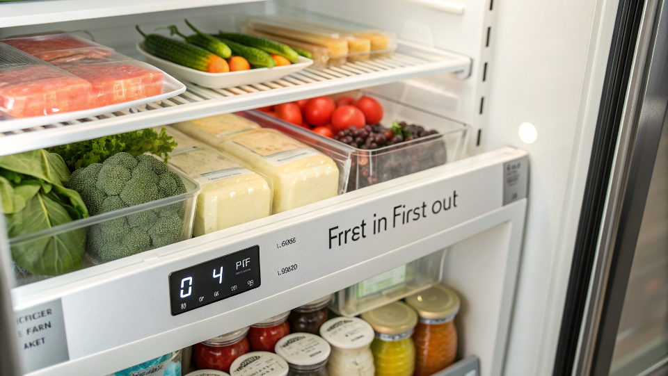 close up of fresh food in a compact retail fridge