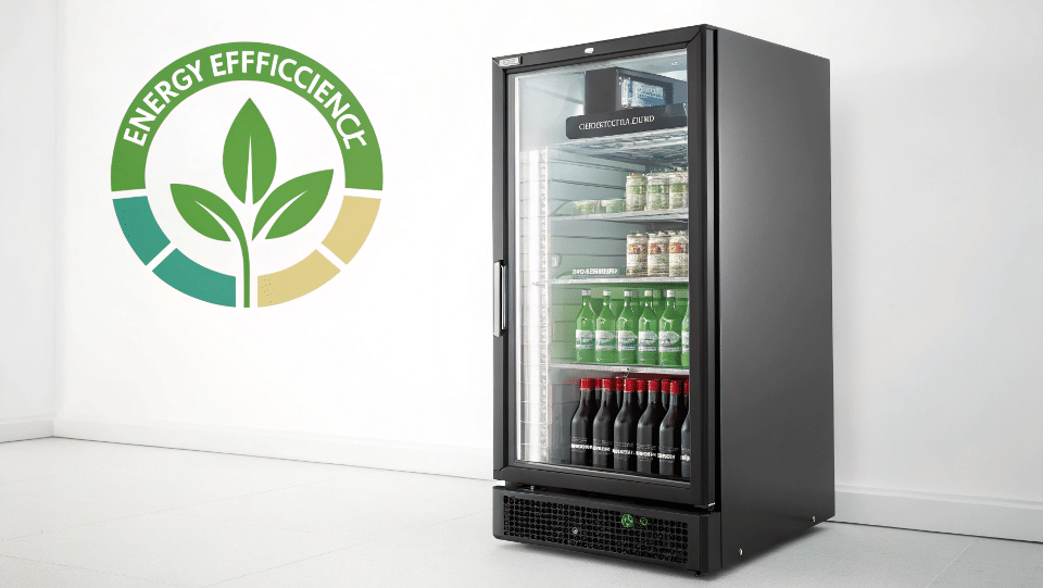 An energy efficiency label on a sleek bar cooler, with a green leaf symbol nearby.