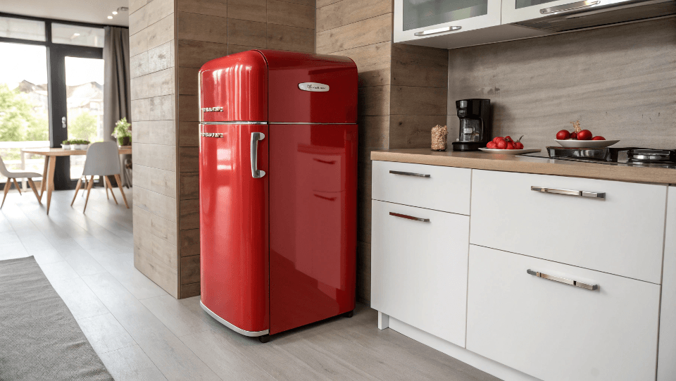 A classic red retro fridge with chrome handle in a modern kitchen