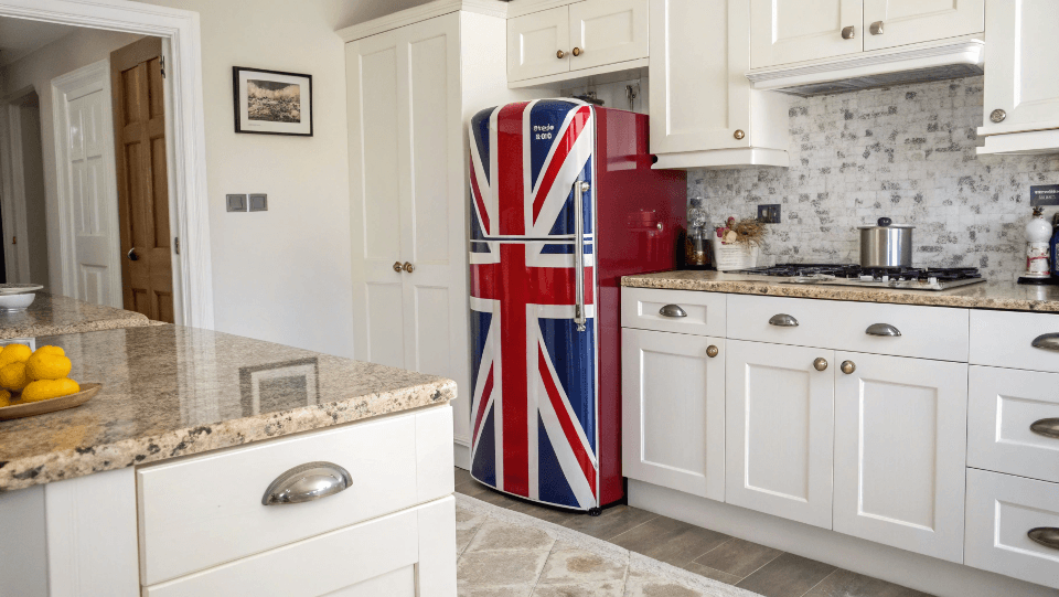 A home kitchen showcasing a popular UK flag retro refrigerator as a focal point