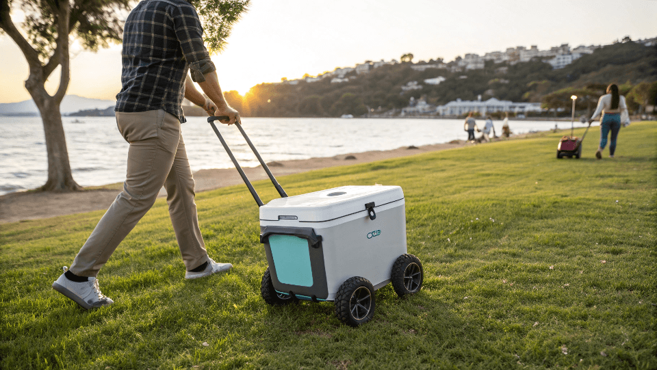 A stylish portable cooler with wheels being easily pulled across grass