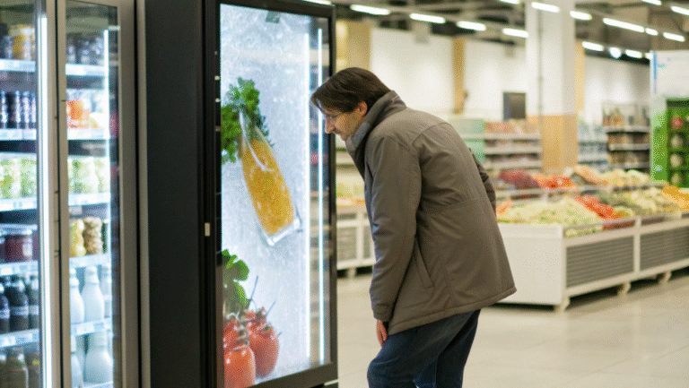 A customer pointing at an advertised special on an LCD cooler screen