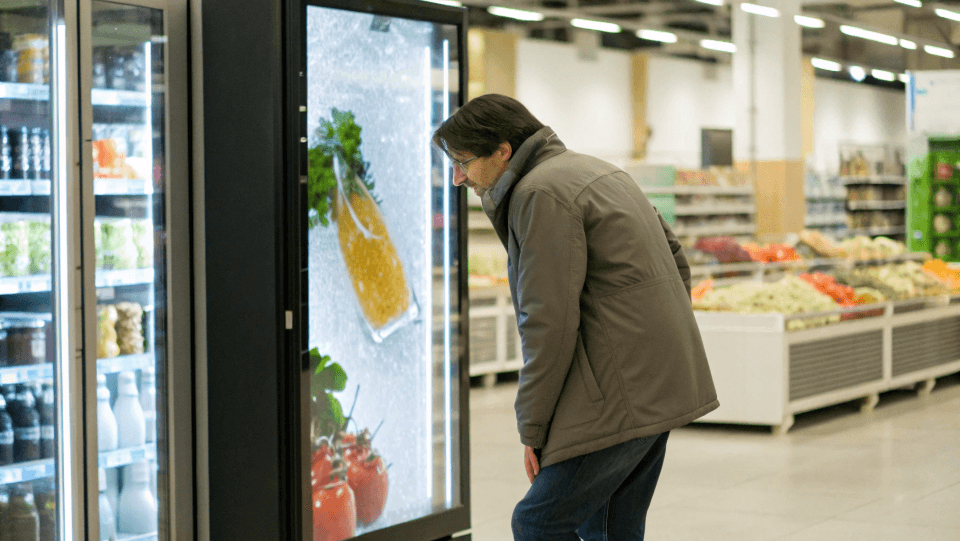 A customer pointing at an advertised special on an LCD cooler screen