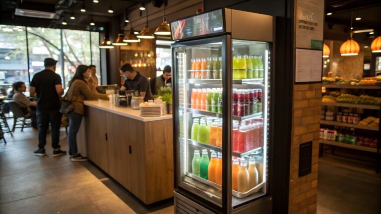 A crystal clear electrically heated glass door fridge in a busy cafe, showing colorful beverages inside.