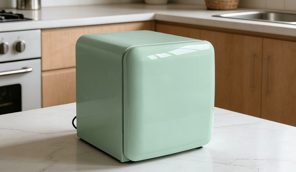A compact, mint green retro fridge in a stylish, small kitchen