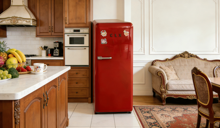 A large, red, bottom-freezer retro fridge in a spacious family kitchen