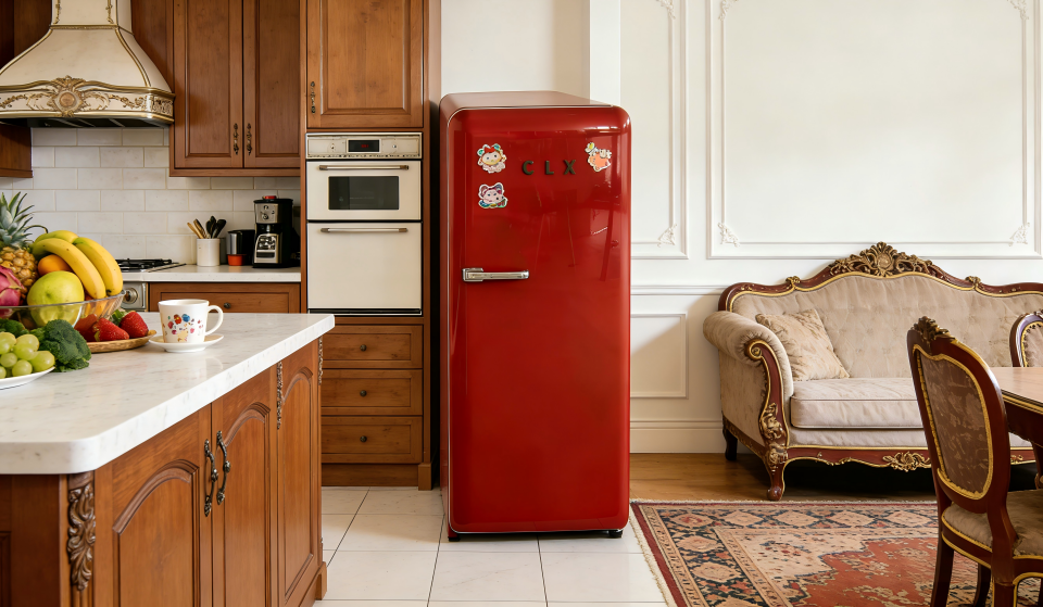A large, red, bottom-freezer retro fridge in a spacious family kitchen