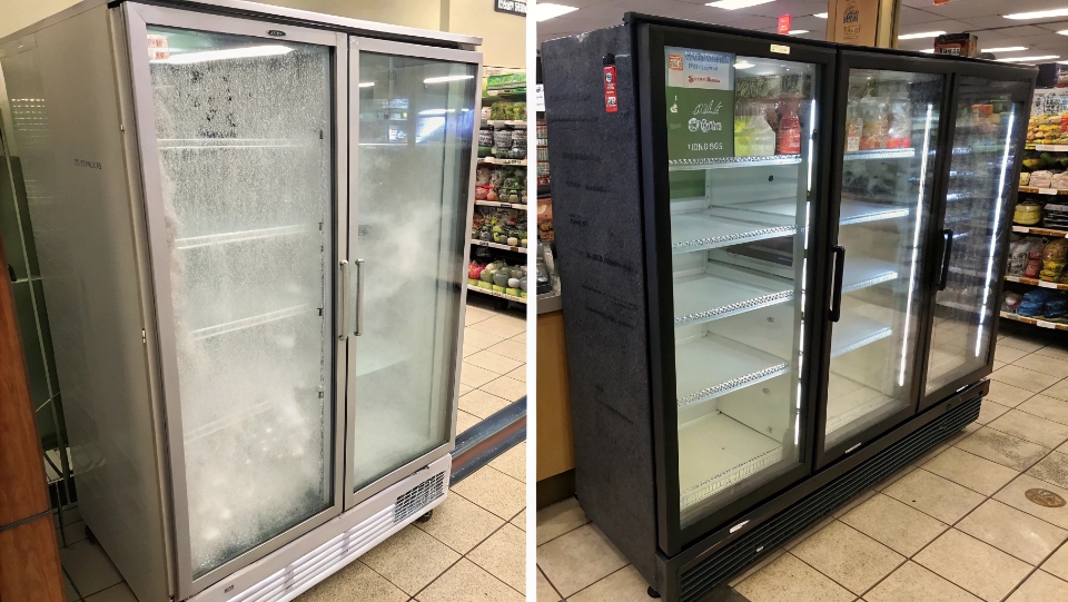 Close-up diagram showing the layers of an electrically heated glass door with the heating element highlighted.