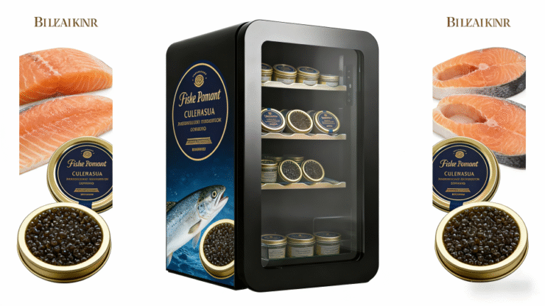 A sleek black caviar fridge displaying tins of caviar under soft light