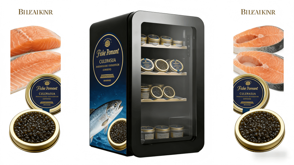 A sleek black caviar fridge displaying tins of caviar under soft light