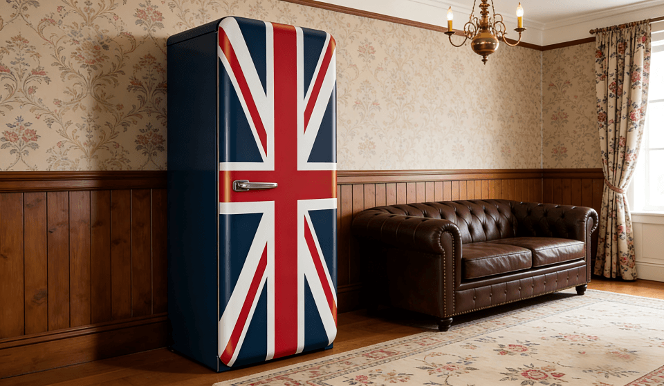 A sleek, UK flag retro fridge with an energy efficiency label prominently displayed