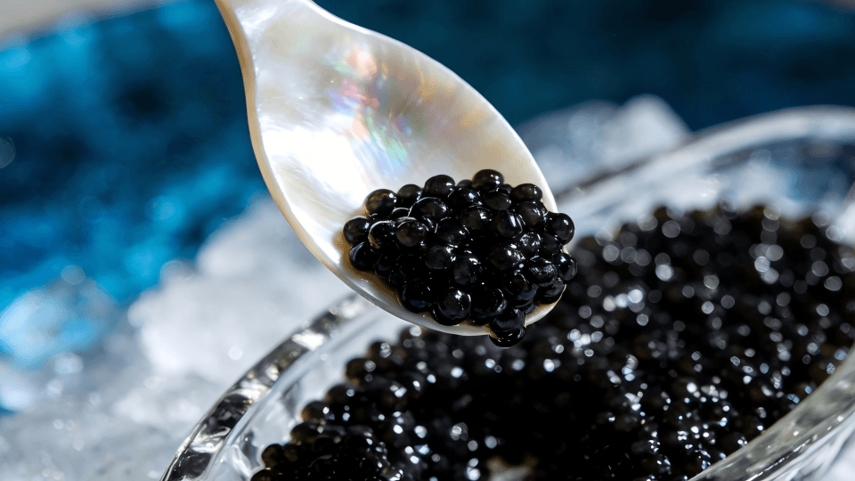 A mother-of-pearl spoon scooping caviar from a glass server on ice