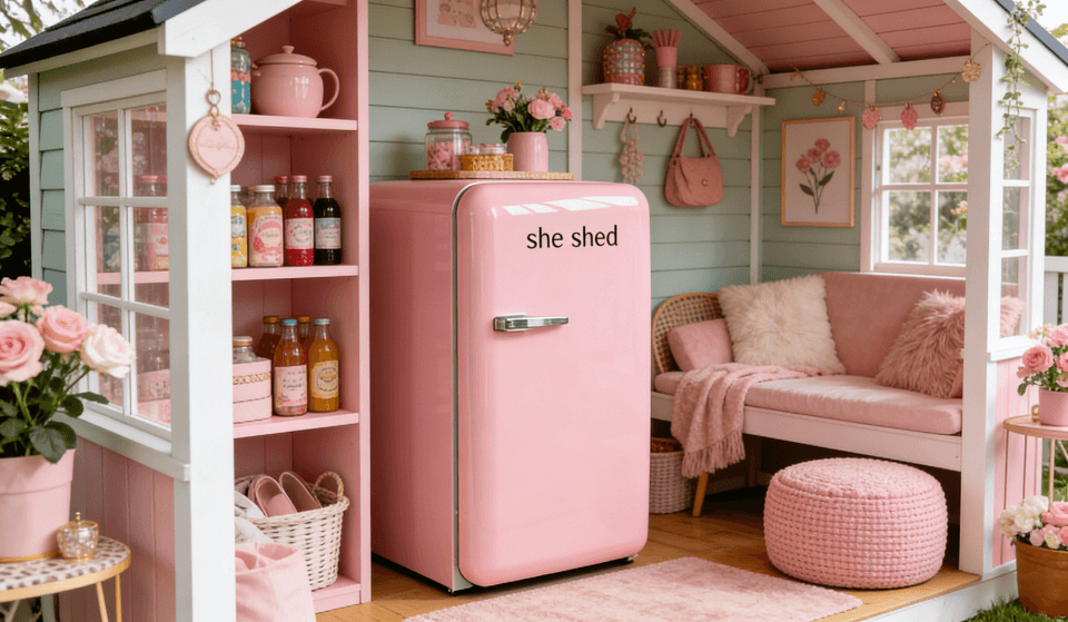 A stylish retro-style mini fridge in a beautifully decorated "she shed" or woman cave.