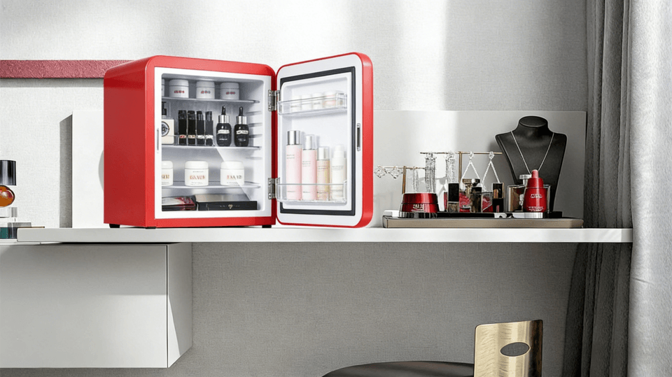 A mini fridge with its door open, showing skincare products.