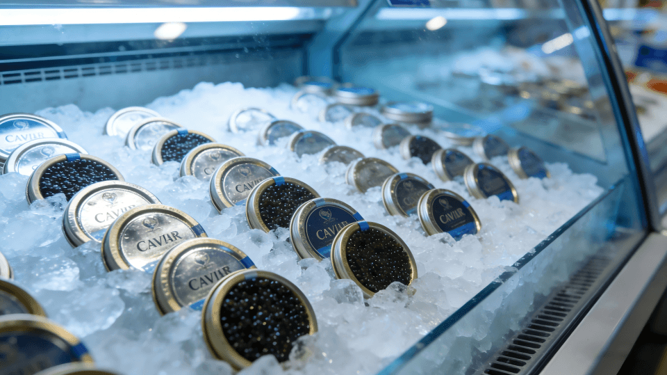 A tin of caviar resting on a bed of crushed ice inside a refrigerator