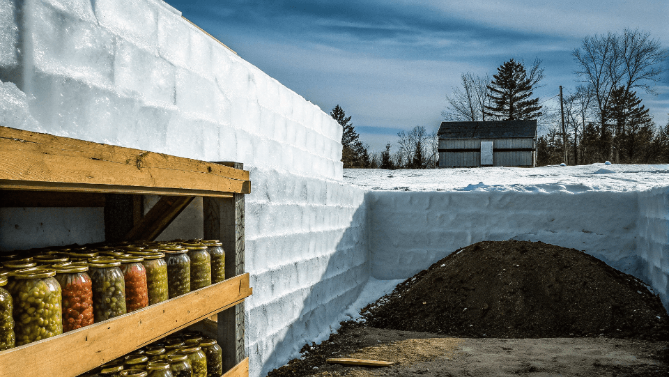An illustration of a root cellar with shelves for food storage