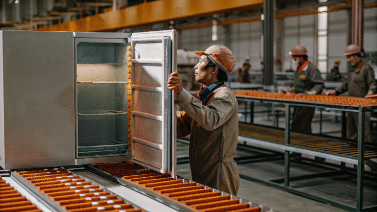 A worker inspecting a refrigerator on a factory production line