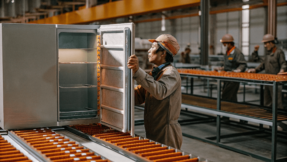 A worker inspecting a refrigerator on a factory production line