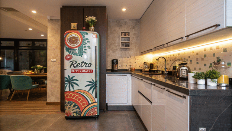 A custom branded retro refrigerator in a stylish kitchen