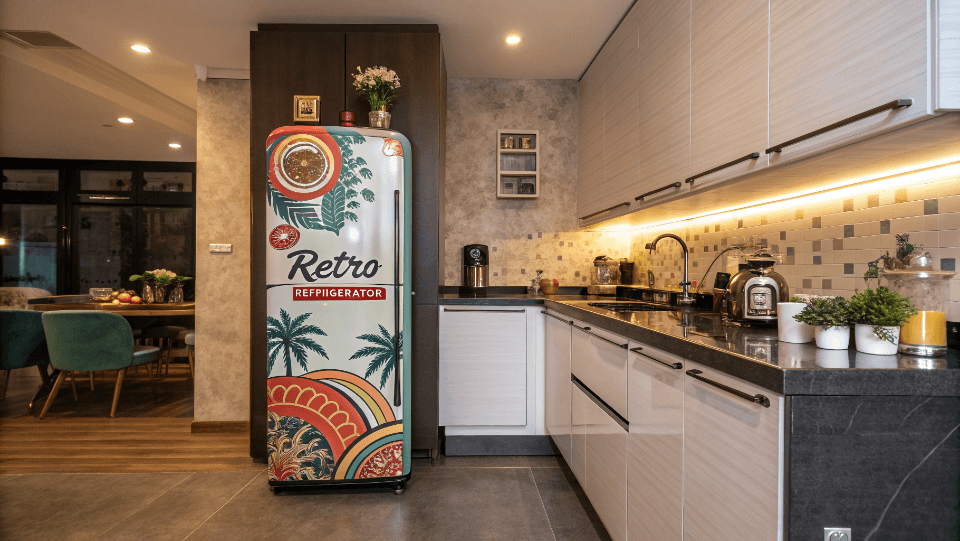 A custom branded retro refrigerator in a stylish kitchen