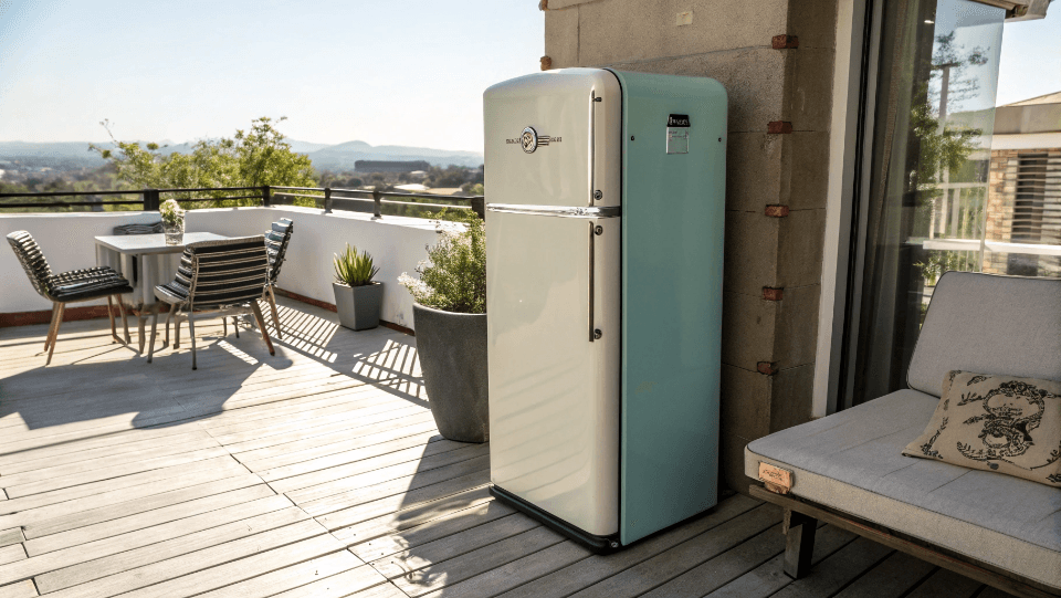 a custom vintage-style refrigerator placed on a sunny outdoor patio