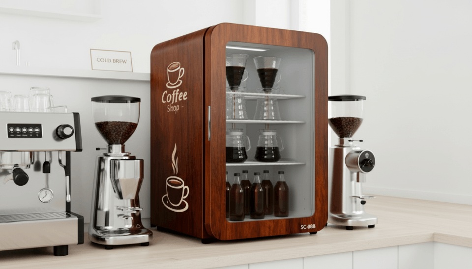 A stylish retro mini fridge in a bustling café setting