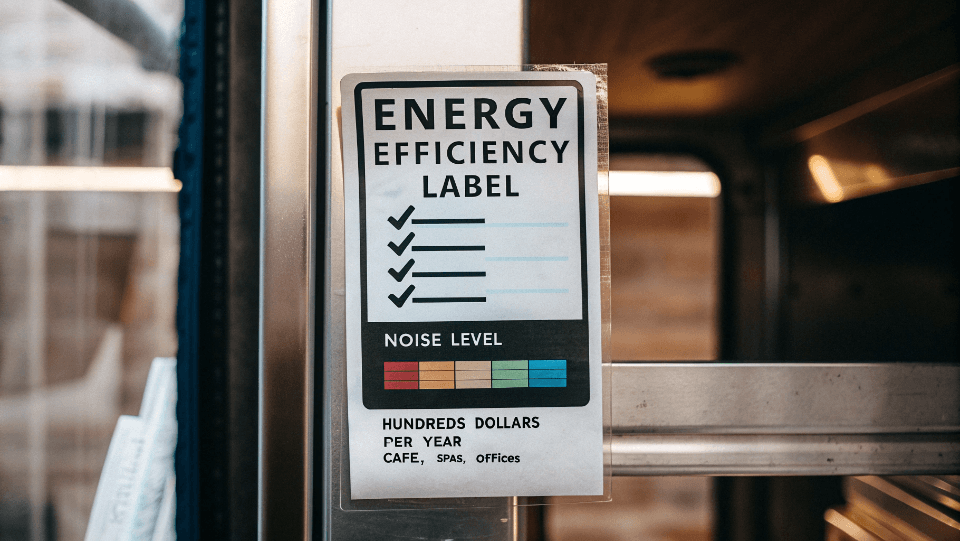 an energy efficiency label on a commercial refrigerator
