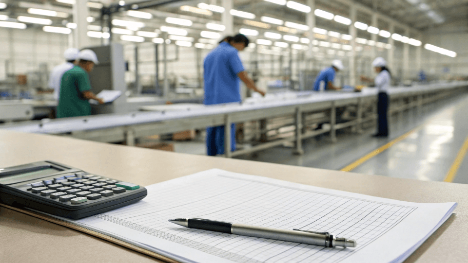 a purchase order document and a factory production line