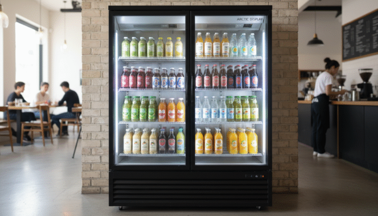 A modern glass door beverage fridge filled with colorful drinks in a cafe setting