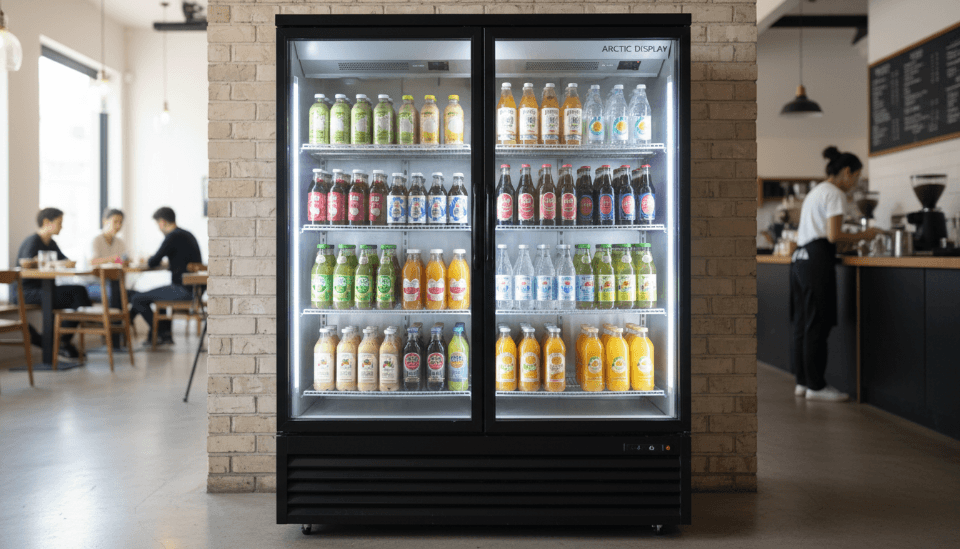 A modern glass door beverage fridge filled with colorful drinks in a cafe setting