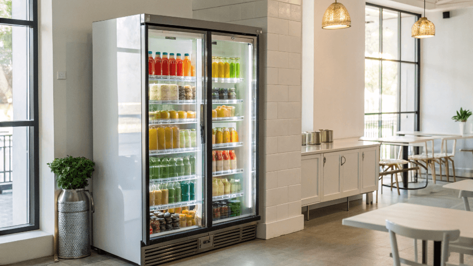 A well-lit glass door fridge filled with colorful drinks in a modern cafe