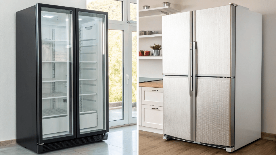 A side-by-side comparison of a sleek glass door fridge and a sturdy solid door fridge