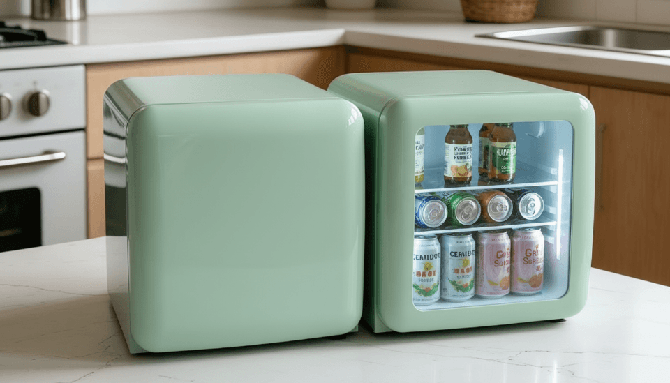 Side-by-side comparison of a glass door and a solid door mini fridge