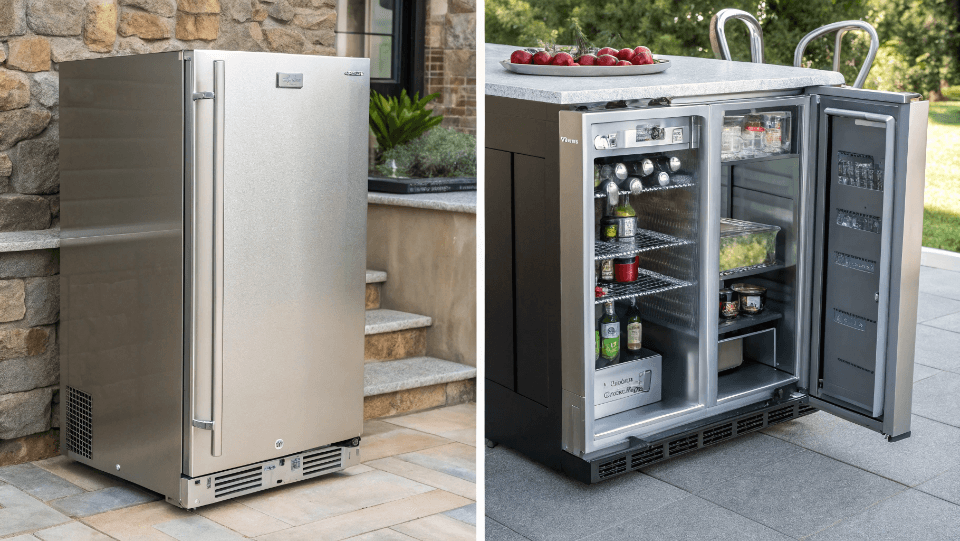 side-by-side comparison of an indoor fridge and a stainless steel outdoor fridge