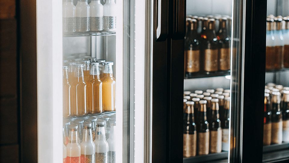 a brightly lit glass door fridge with well organized drinks
