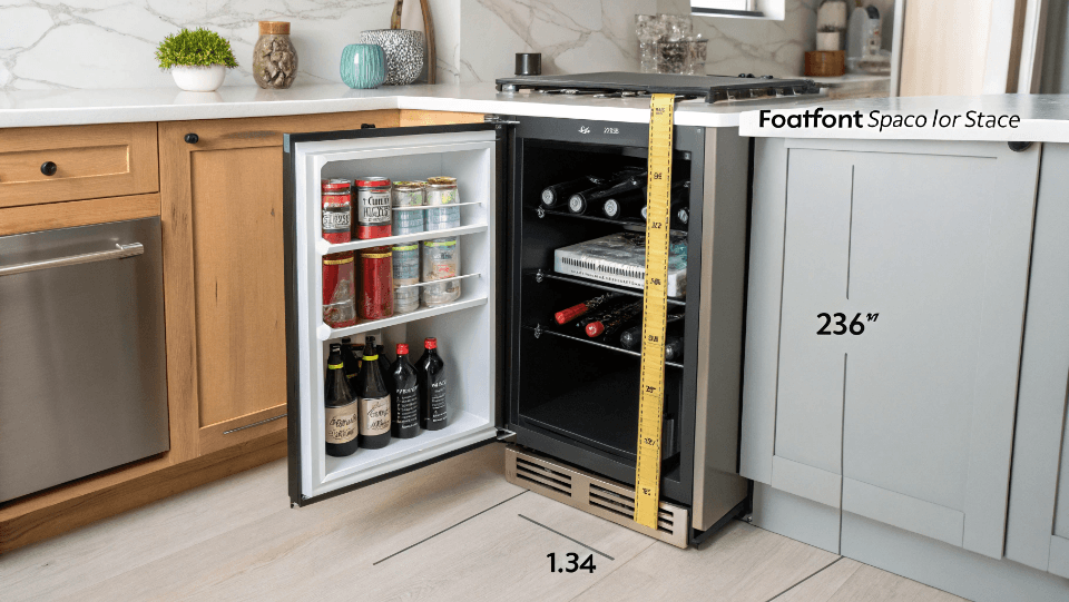 Measuring tape showing the dimensions of an under-counter space for a mini fridge