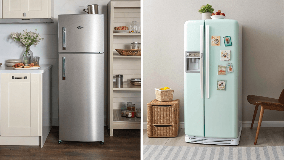 A split image showing a generic modern fridge versus a unique retro fridge
