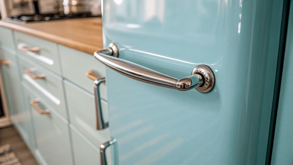 Close-up of a chrome handle on a pastel blue retro fridge.