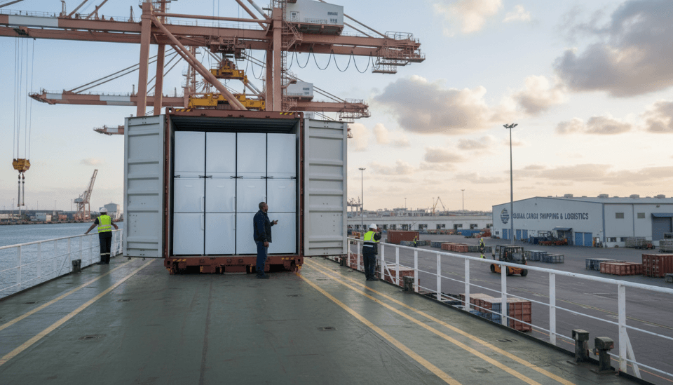 a container ship with refrigerators being loaded