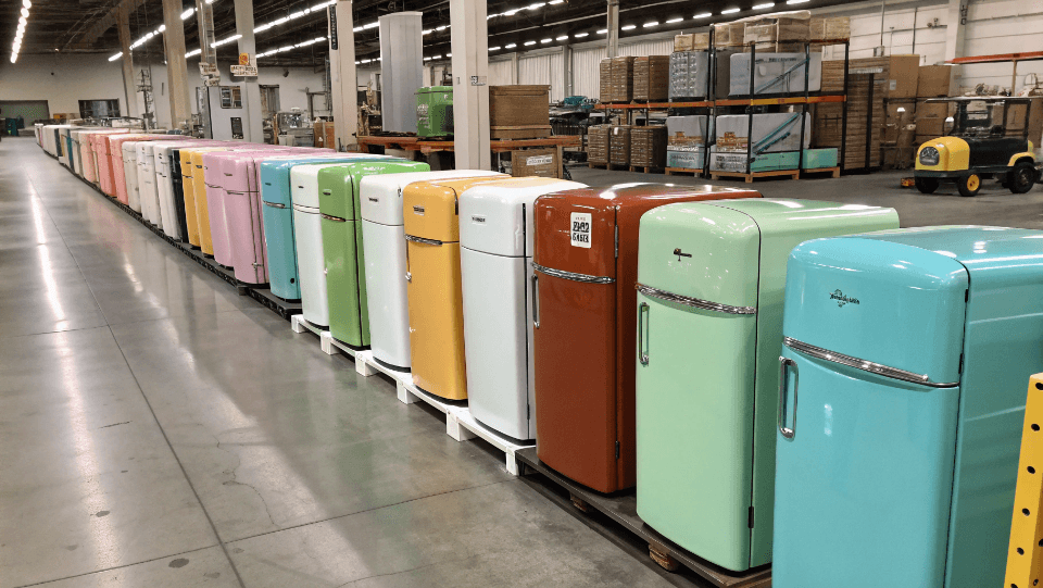 A warehouse filled with colorful retro refrigerators ready for shipping.