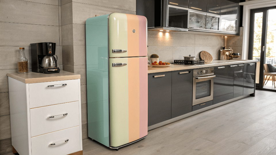 A colorful retro style fridge in a modern kitchen.