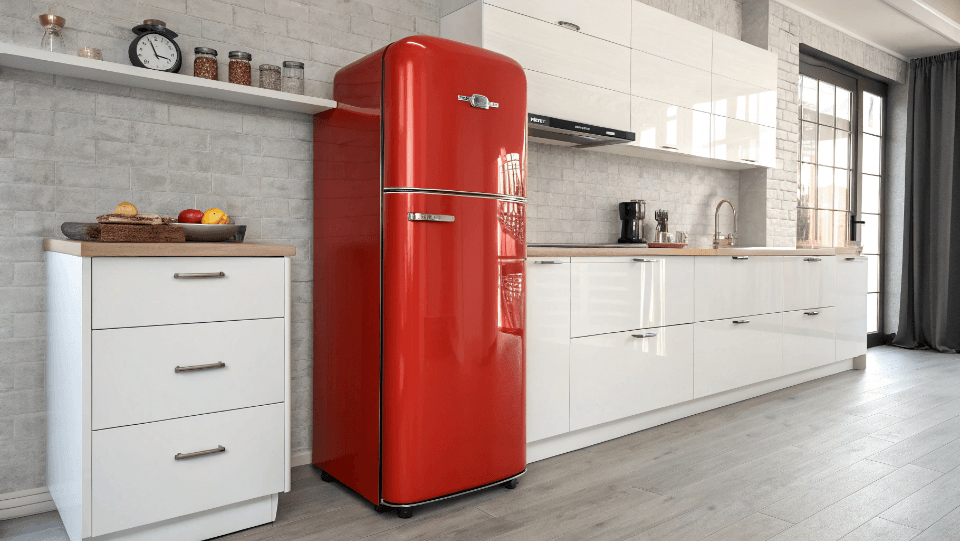 A bright red retro fridge next to white modern cabinets.