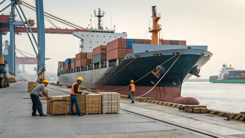 a cargo ship at a port with logistics workers