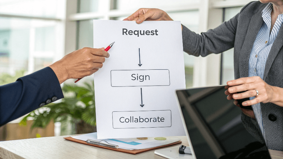 A simple 3-step flowchart: Request, Sign, Collaborate.