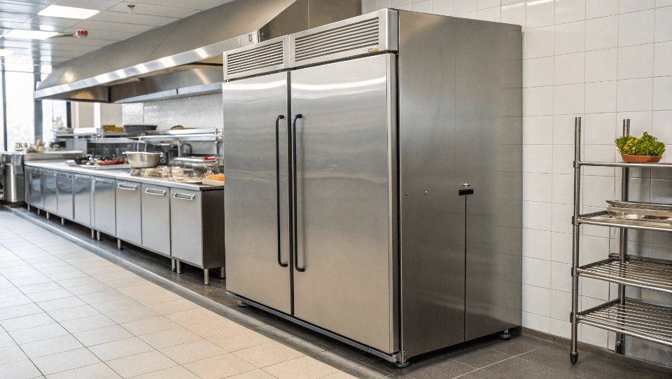 A stainless steel solid door fridge in a busy commercial kitchen prep area