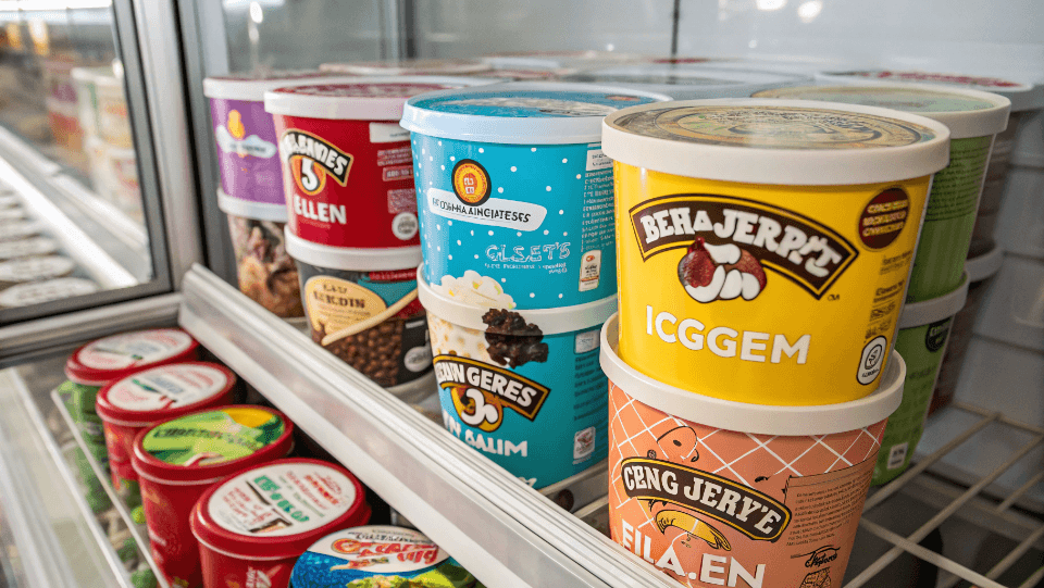 A colorful display of various ice cream brand tubs in a freezer