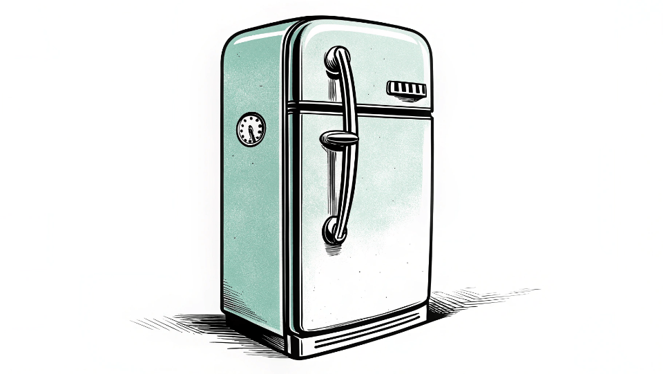 Close-up of a chrome handle on a retro refrigerator